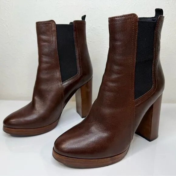 Minelli Brown Leather Ankle Stacked Heel Boots, Size EU 35 (US 5)