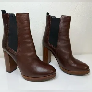 Minelli Brown Leather Ankle Stacked Heel Boots, Size EU 35 (US 5)
