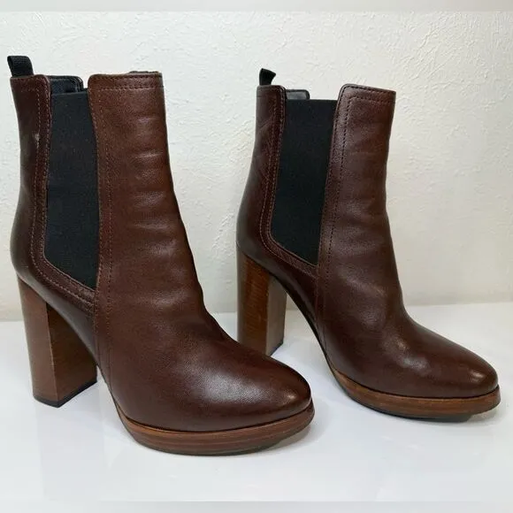 Minelli Brown Leather Ankle Stacked Heel Boots, Size EU 35 (US 5)