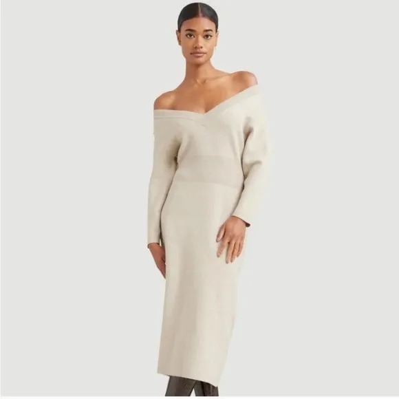 MODERN CITIZEN BREA OFF-SHOULDER V-NECK LONG SLEEVE MIDI SWEATER DRESS S…
