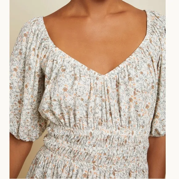 NATION LTD fabia shirred smocked midi dress in meadow floral puff sleeves XS