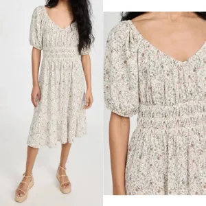 NATION LTD fabia shirred smocked midi dress in meadow floral puff sleeves XS