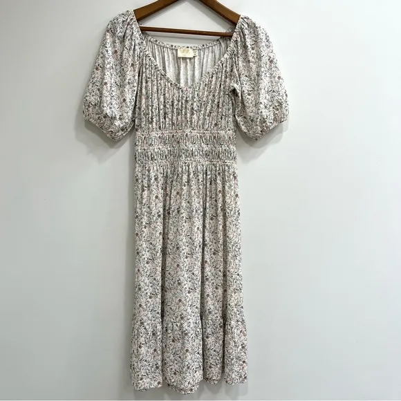 NATION LTD fabia shirred smocked midi dress in meadow floral puff sleeves XS