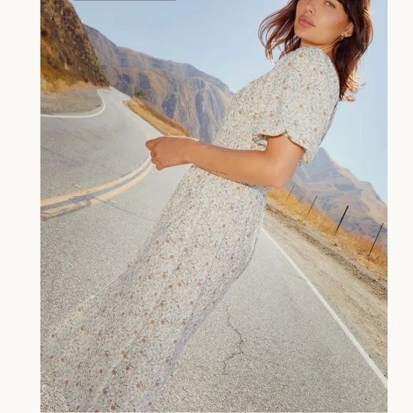 NATION LTD fabia shirred smocked midi dress in meadow floral puff sleeves XS