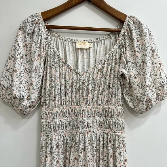 NATION LTD fabia shirred smocked midi dress in meadow floral puff sleeves XS
