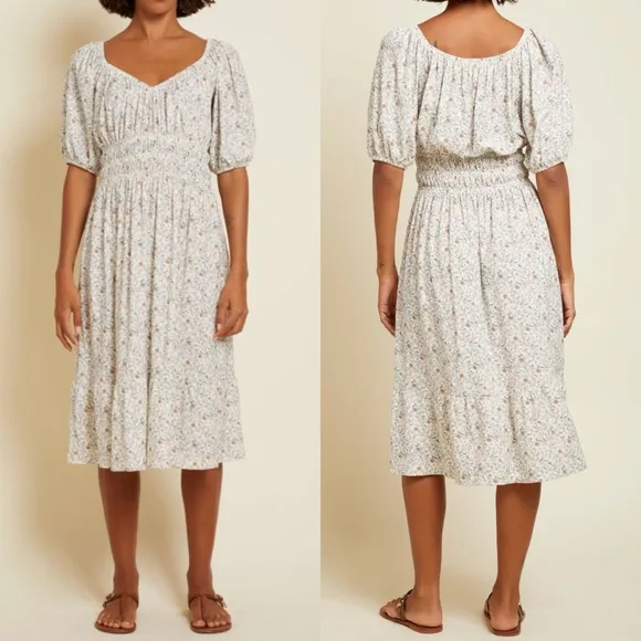 NATION LTD fabia shirred smocked midi dress in meadow floral puff sleeves XS