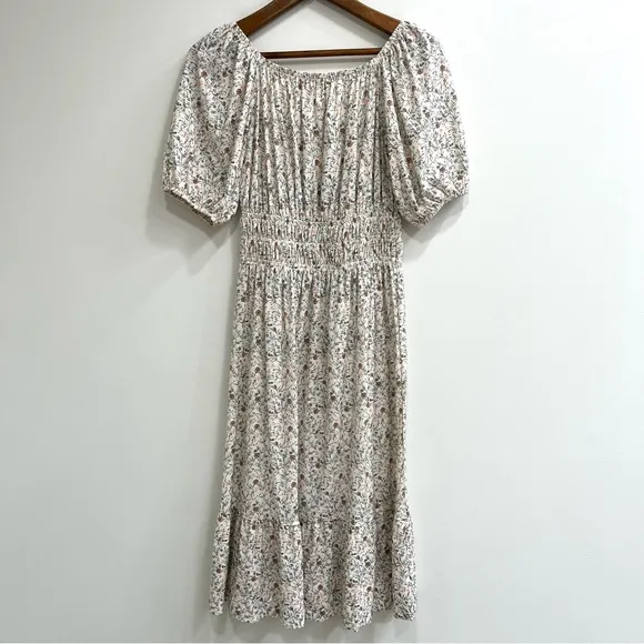 NATION LTD fabia shirred smocked midi dress in meadow floral puff sleeves XS