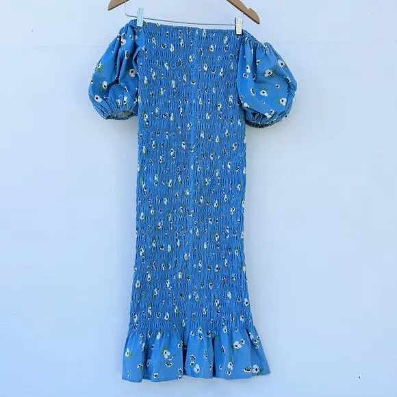 Never Fully Dressed Jojo Dress Floral Smocked Midi Puff Sleeve Blue 10 Wedding