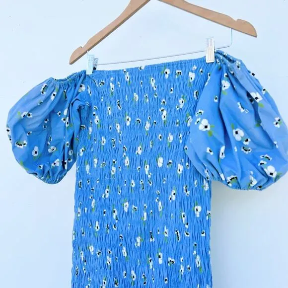 Never Fully Dressed Jojo Dress Floral Smocked Midi Puff Sleeve Blue 10 Wedding