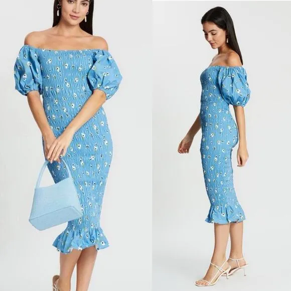 Never Fully Dressed Jojo Dress Floral Smocked Midi Puff Sleeve Blue 10 Wedding