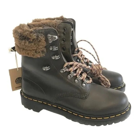 New! Dr. Martens 1460 Serena Leather Faux Fur Collar Hiking Lace Up Boots