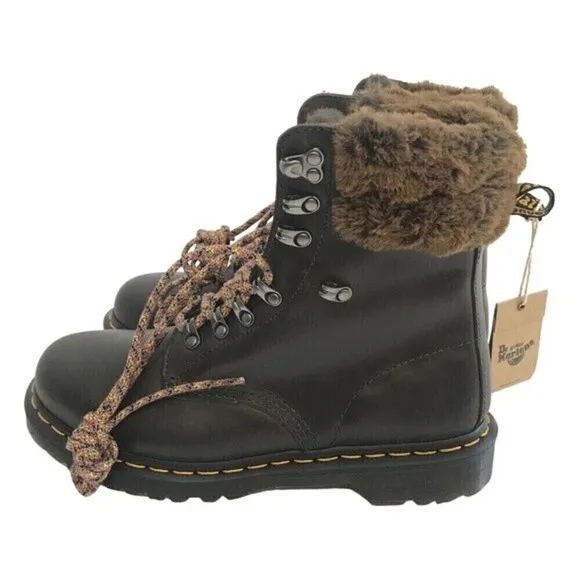 New! Dr. Martens 1460 Serena Leather Faux Fur Collar Hiking Lace Up Boots