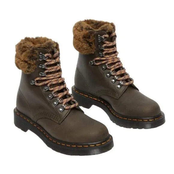New! Dr. Martens 1460 Serena Leather Faux Fur Collar Hiking Lace Up Boots