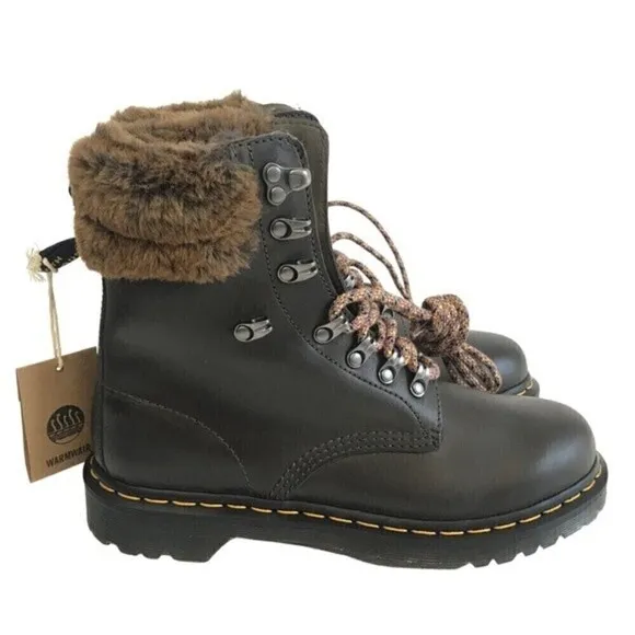 New! Dr. Martens 1460 Serena Leather Faux Fur Collar Hiking Lace Up Boots