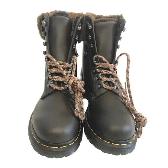 New! Dr. Martens 1460 Serena Leather Faux Fur Collar Hiking Lace Up Boots