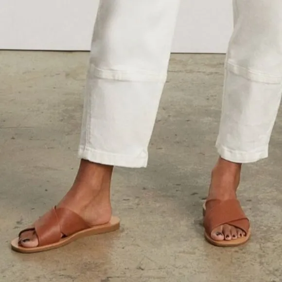 NEW Everlane The Day Crossover Leather Flat Slide Sandals, Sienna Brown Size 10
