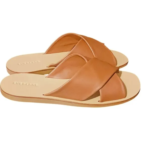 NEW Everlane The Day Crossover Leather Flat Slide Sandals, Sienna Brown Size 10