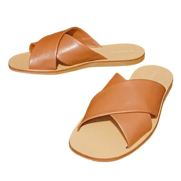 NEW Everlane The Day Crossover Leather Flat Slide Sandals, Sienna Brown Size 10