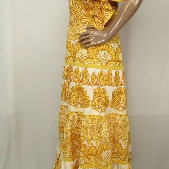 NEW FARM RIO Womens Maxi Dress Yellow Size M Ainika Tapestry One Shoulder