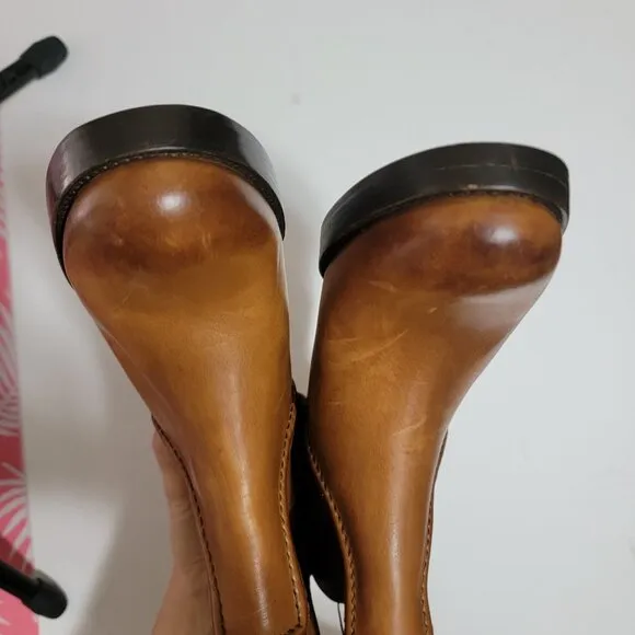 NEW Frye Jean Tall Pull On Wide Extended Calf Boots Caramel Womens 8 Cottage