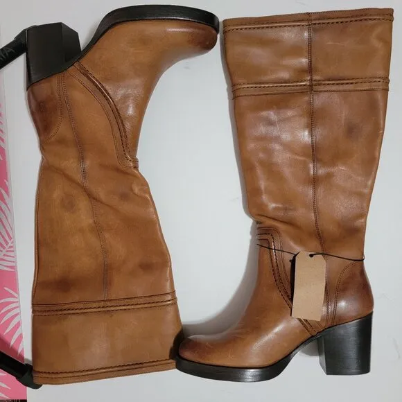 NEW Frye Jean Tall Pull On Wide Extended Calf Boots Caramel Womens 8 Cottage