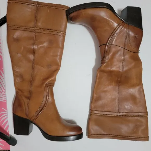 NEW Frye Jean Tall Pull On Wide Extended Calf Boots Caramel Womens 8 Cottage