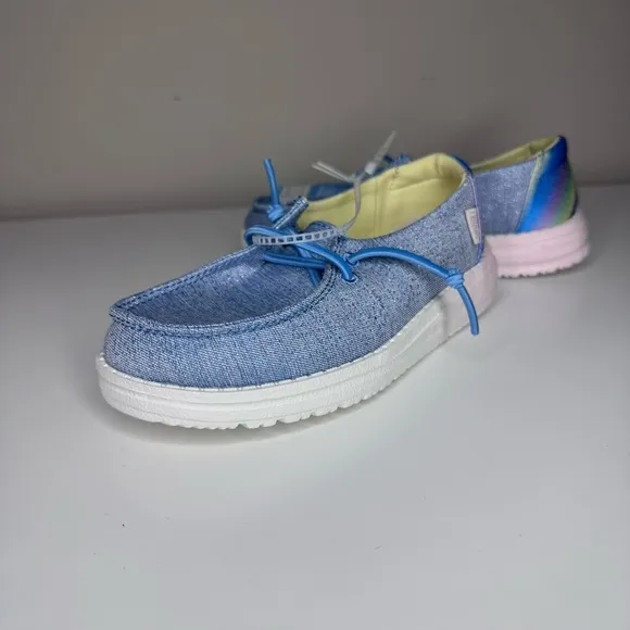 NEW Hey Dude Wendy Youth Sparkle Denim Slip On Shoes K11