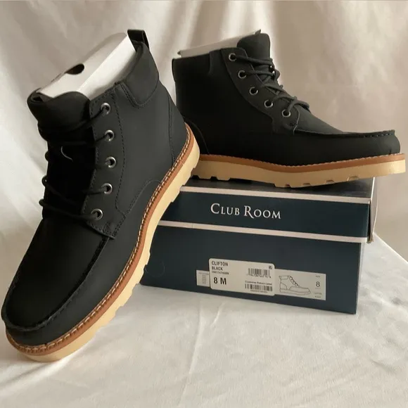New In Box Club Room Men's Black Clifton Faux-Leather Lace-Up Chukka Boots 8M