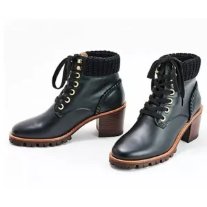New Jack‎ Rogers Harper Leather Lace Up Hiker Knit Block Heel Boots Black Sz 10M