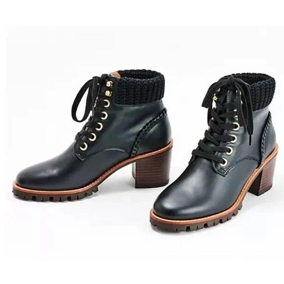 New Jack‎ Rogers Harper Leather Lace Up Hiker Knit Block Heel Boots Black Sz 10M