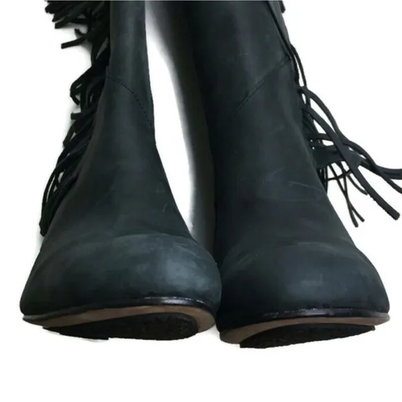 New Koolaburra x Ugg Paradis Fringe Black Leather Knee High Wedge Boots Size 7