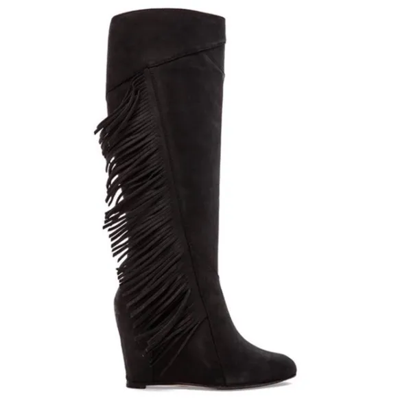 New Koolaburra x Ugg Paradis Fringe Black Leather Knee High Wedge Boots Size 7