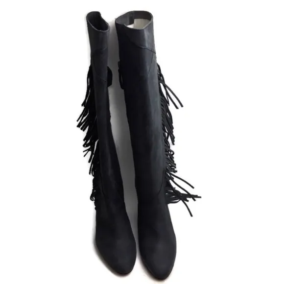 New Koolaburra x Ugg Paradis Fringe Black Leather Knee High Wedge Boots Size 7