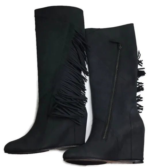 New Koolaburra x Ugg Paradis Fringe Black Leather Knee High Wedge Boots Size 7