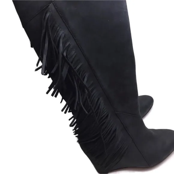 New Koolaburra x Ugg Paradis Fringe Black Leather Knee High Wedge Boots Size 7