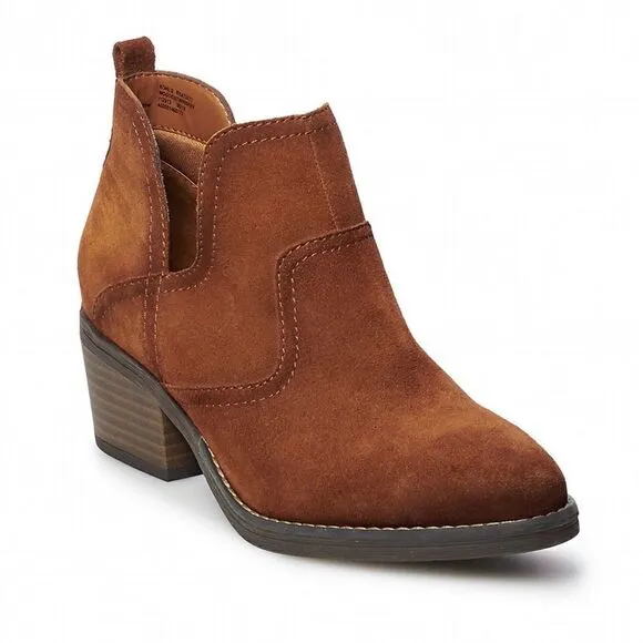 New! Leather Suede Western Woodcut Block Heel Ankle Boots Cowboy Cowgirl Boots