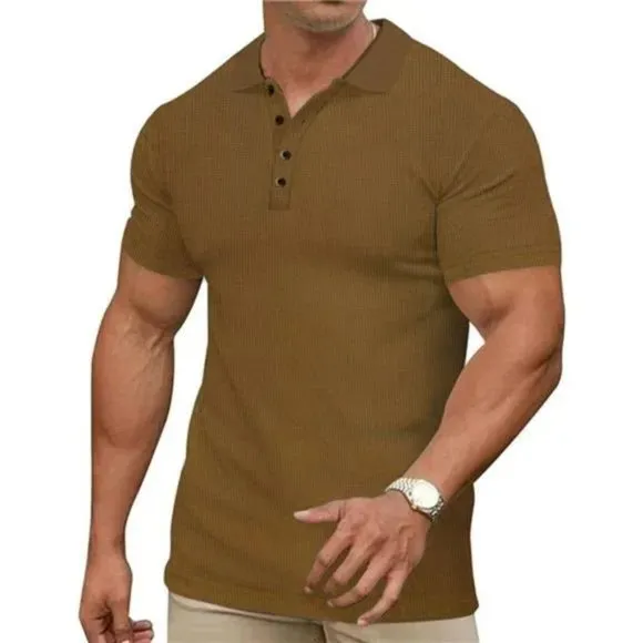 New Mens Waffle Knit Polo Shirts Short Sleeve Brown