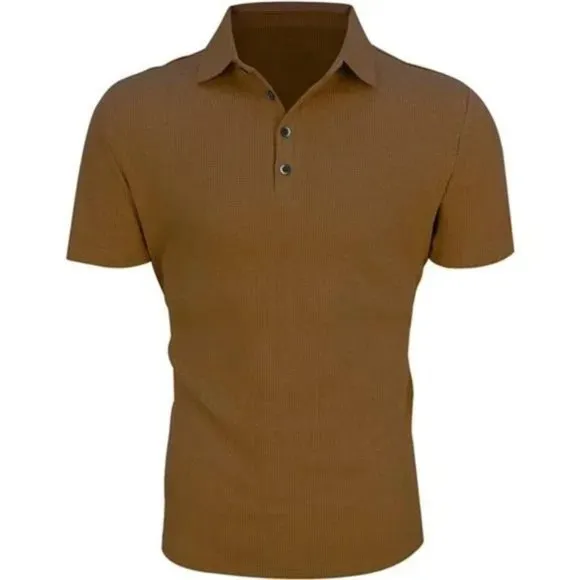 New Mens Waffle Knit Polo Shirts Short Sleeve Brown