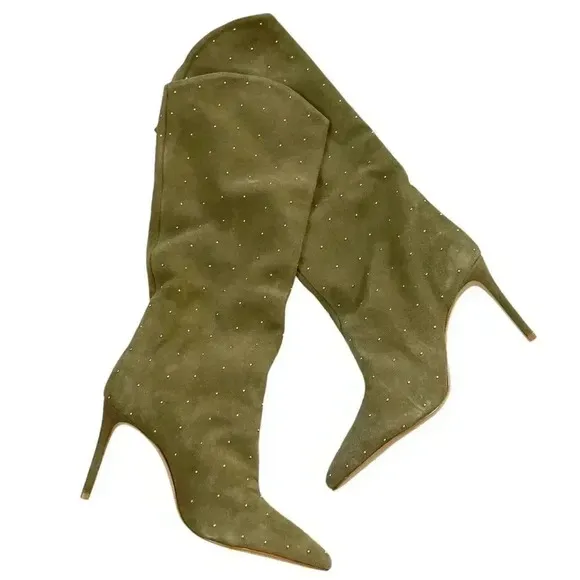 NEW Schutz Maryana Studs Aspen Green Suede Western Knee High Boot size 9