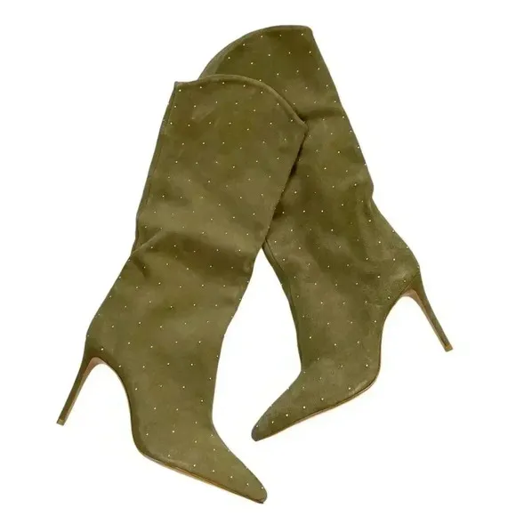 NEW Schutz Maryana Studs Aspen Green Suede Western Knee High Boot size 9
