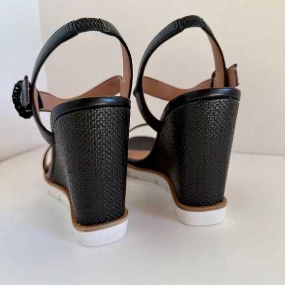 NIB Linea Paolo Emely Raffia Woven High Wedge Heel Sandals in Black Size 8.5