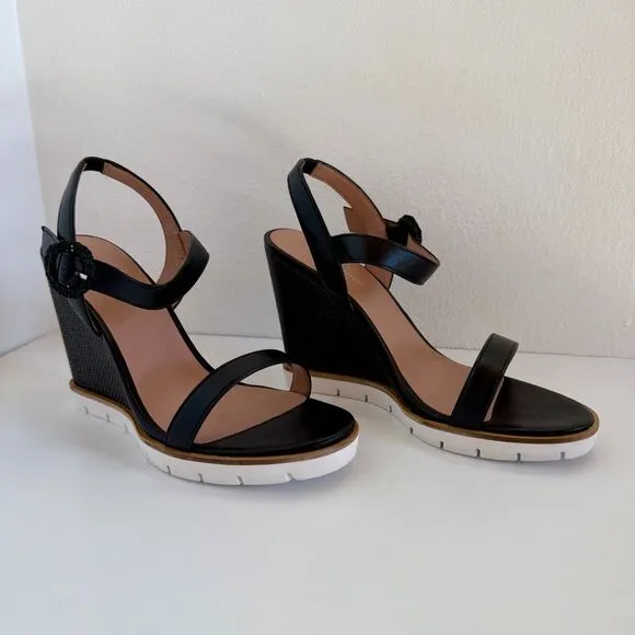 NIB Linea Paolo Emely Raffia Woven High Wedge Heel Sandals in Black Size 8.5