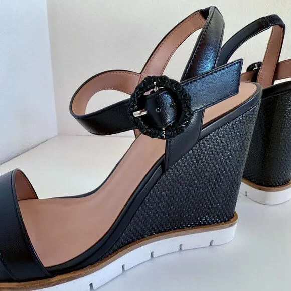 NIB Linea Paolo Emely Raffia Woven High Wedge Heel Sandals in Black Size 8.5