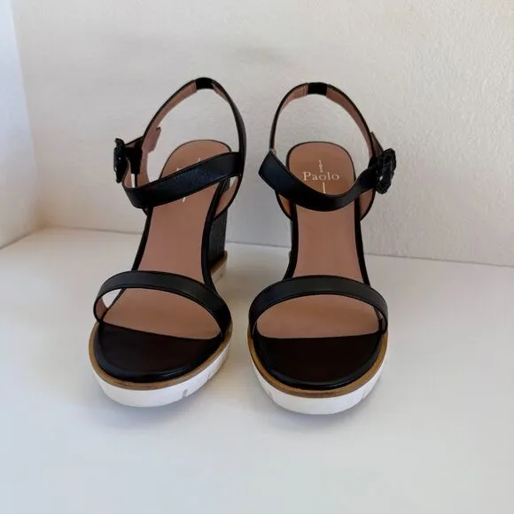 NIB Linea Paolo Emely Raffia Woven High Wedge Heel Sandals in Black Size 8.5