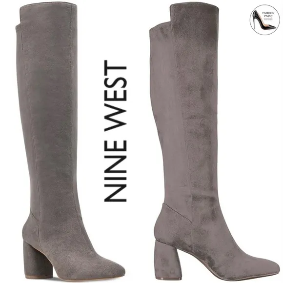 NINE WEST Kerianna Woman’s Tall Boots BLOCK HEEL GRAY Faux Suede High Boots 9