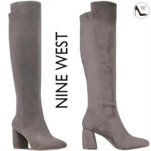 NINE WEST Kerianna Woman’s Tall Boots BLOCK HEEL GRAY Faux Suede High Boots 9