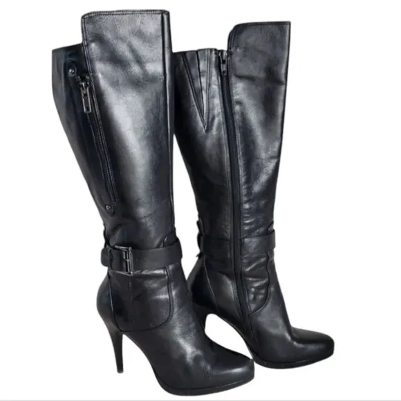 NINE WEST Reindeero Black Leather Strap Heel Zipper Women's Boot Size 6