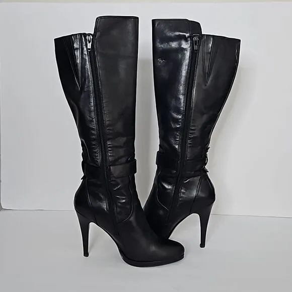 NINE WEST Reindeero Black Leather Strap Heel Zipper Women's Boot Size 6