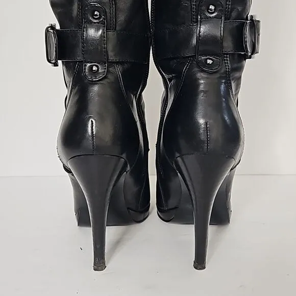 NINE WEST Reindeero Black Leather Strap Heel Zipper Women's Boot Size 6