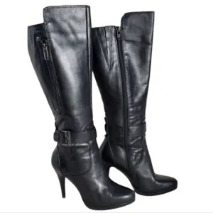 NINE WEST Reindeero Black Leather Strap Heel Zipper Women's Boot Size 6
